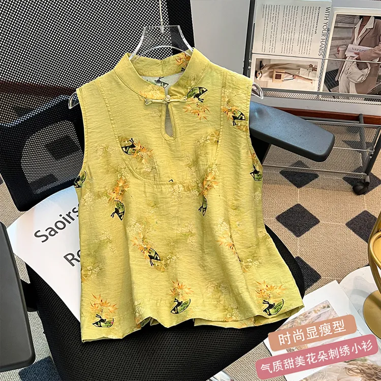 新中式国风盘扣背心衬衫女夏季新款气质镂空宽松短款无袖上衣小衫