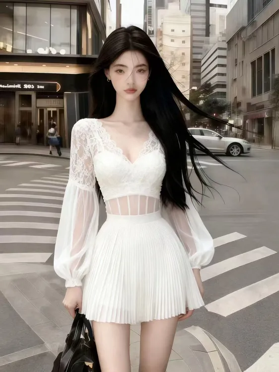 2025冬时尚氛围感纯欲气质辣妹风白色网纱V领长袖收腰百褶连衣裙