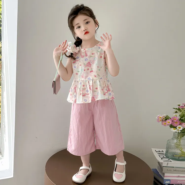 女童碎花棉布无袖套装夏季小女孩洋气女宝宝背心阔腿裤两件套小童