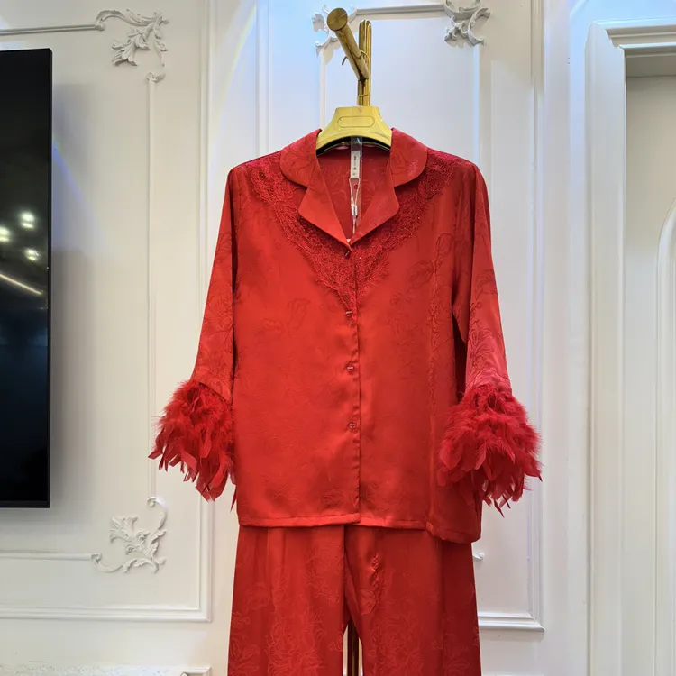 女士春秋冰丝蕾丝镂空高级感时尚家居服套装