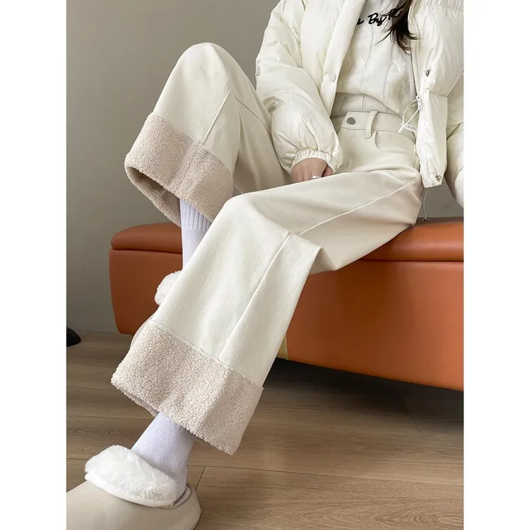 奶白杏高腰翻边加绒牛仔裤女2024冬季宽松修身显瘦九分直筒烟管裤