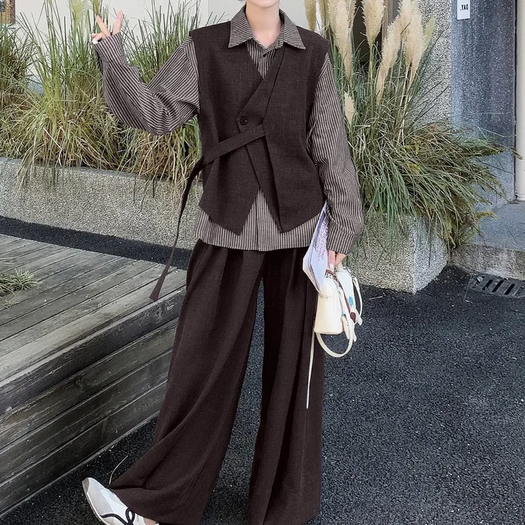 复古ins风马甲衬衫阔腿裤三件套秋季高级感气质韩系套装大码女装
