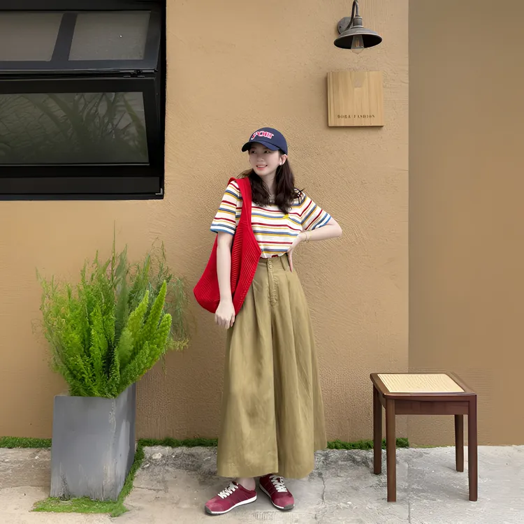 2025夏季新款彩色条纹短袖T恤衫搭阔腿裤套装气质俏皮简约风