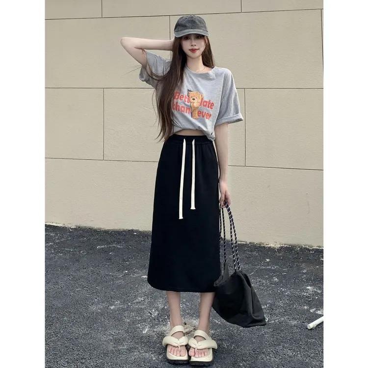 2025春秋季纯棉松紧腰半身裙女开叉显瘦显高口袋休闲百搭裙子女in