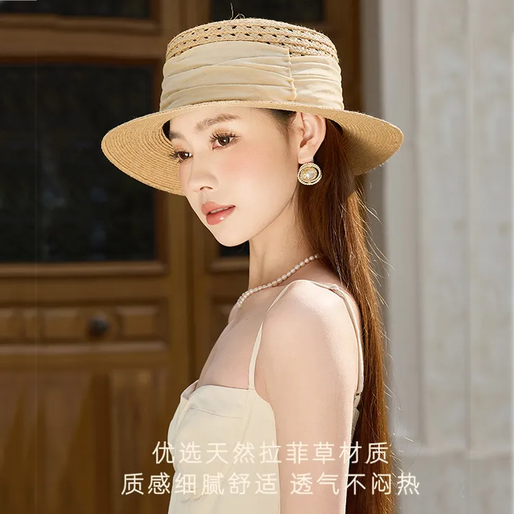 2025法式镂空层次拉菲草平顶帽子手编平沿帽子礼帽出游遮阳帽子女