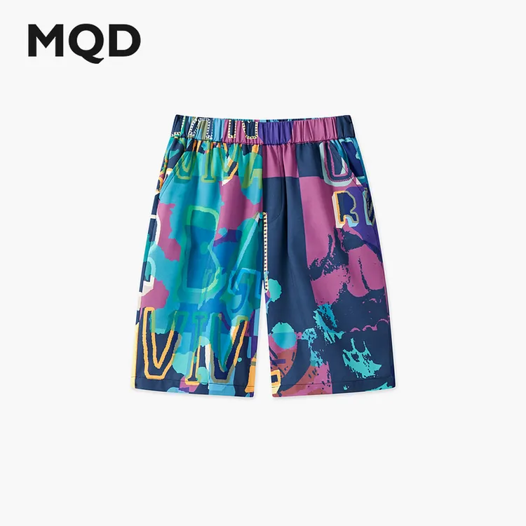 MQD童装25夏季新品海边撞色满版五分裤宽松舒适休闲裤9652W15C1