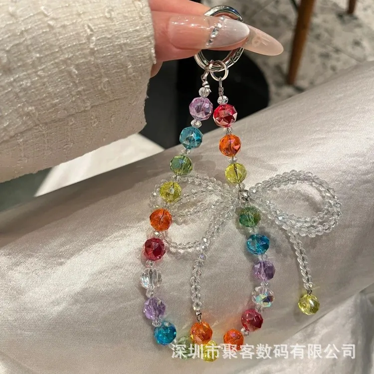 斜挎彩珠水晶手机链女手腕挂件精致高级感饰品多巴胺手工串珠短款
