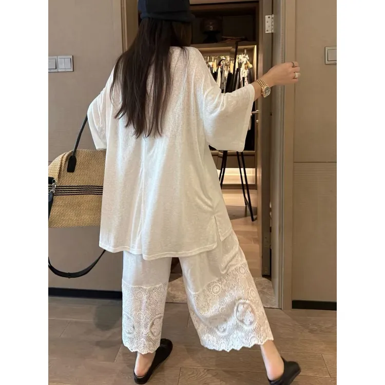 SP 蝙蝠袖七分袖宽松t恤宽松蕾丝拼接八分裤懒人时尚套装两件套