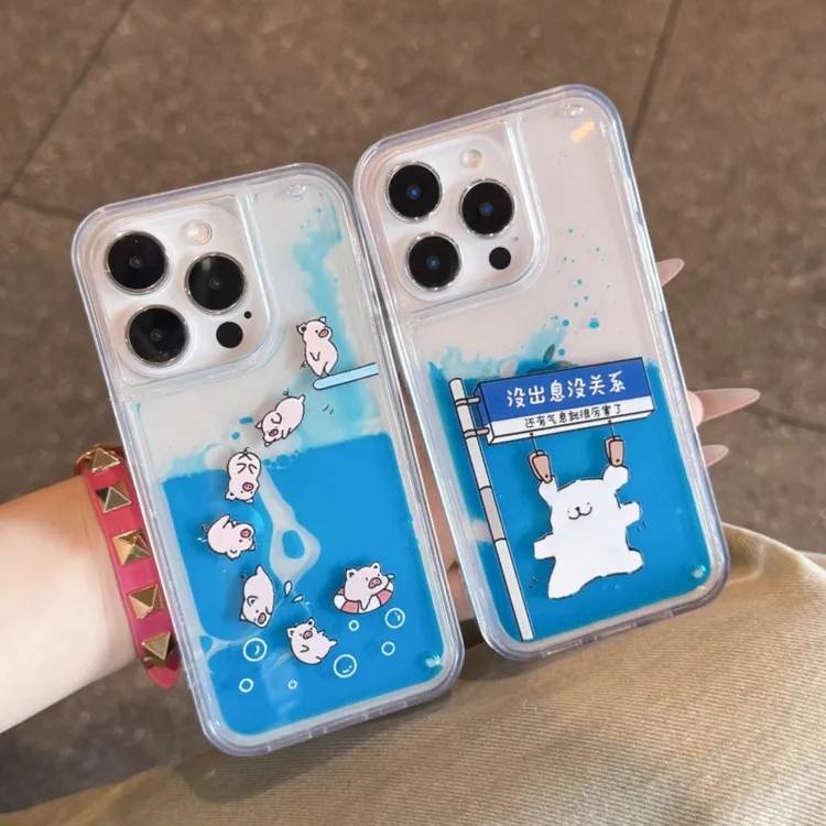GGBond可爱跳水小猪适用iPhone16pro手机壳苹果15华为p70液体流沙