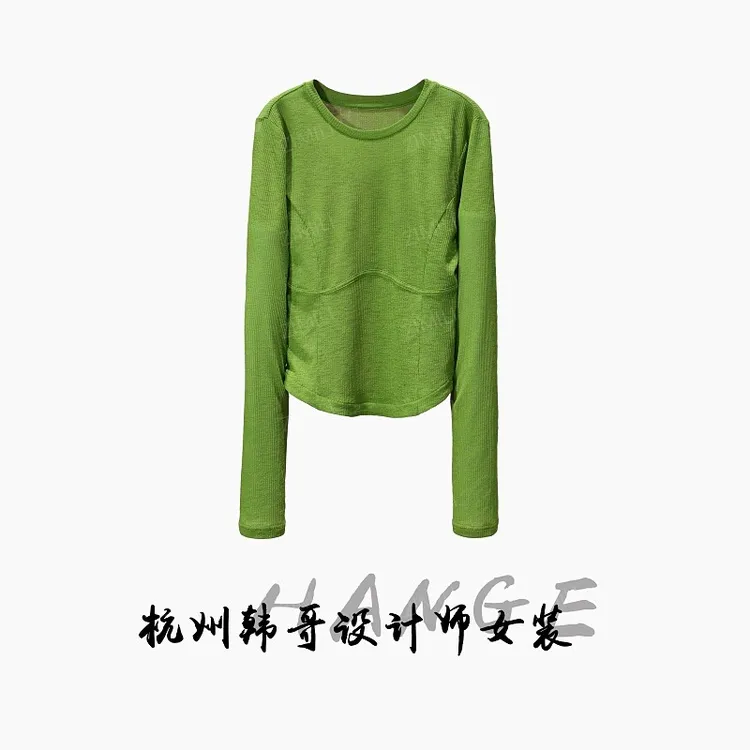 【韩哥女装】秋季新品设计师高定香草绿圆领长袖高弹上衣衣8166-A3