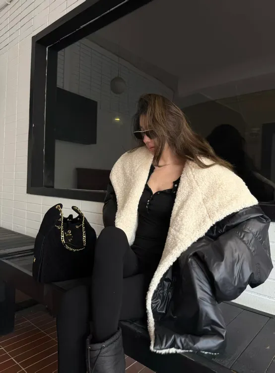 XYSF极简   欧美防真羊羔毛大翻领拼接棉衣中长外套  