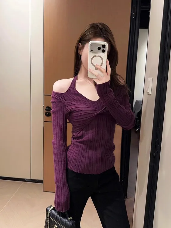 法式紫色挂脖一字领扭结针织衫女秋冬毛衣打底衫内搭短款气质上衣