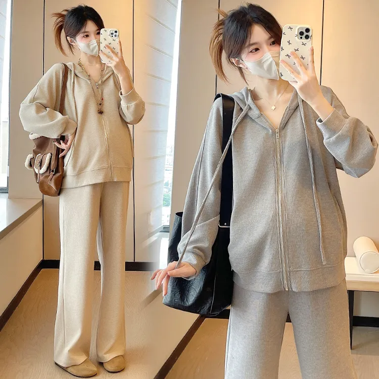 孕妇套装秋冬季时尚连帽拉链卫衣上衣可调节阔腿裤孕妇时髦两件套