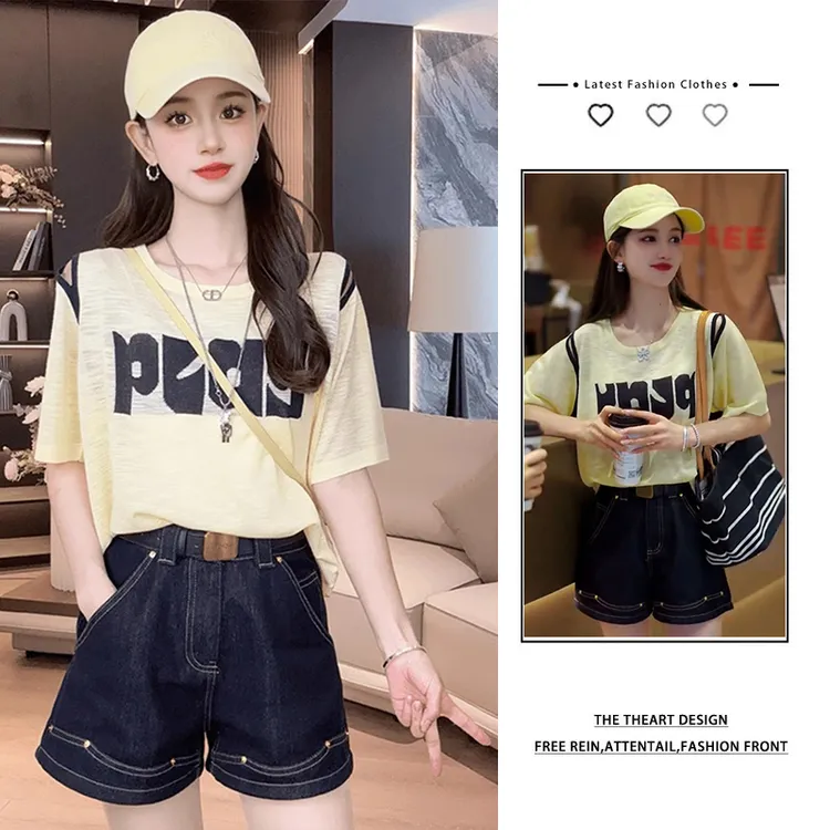 2025休闲时尚独特字母印花露肩短袖T恤休闲显瘦牛仔短裤两件套