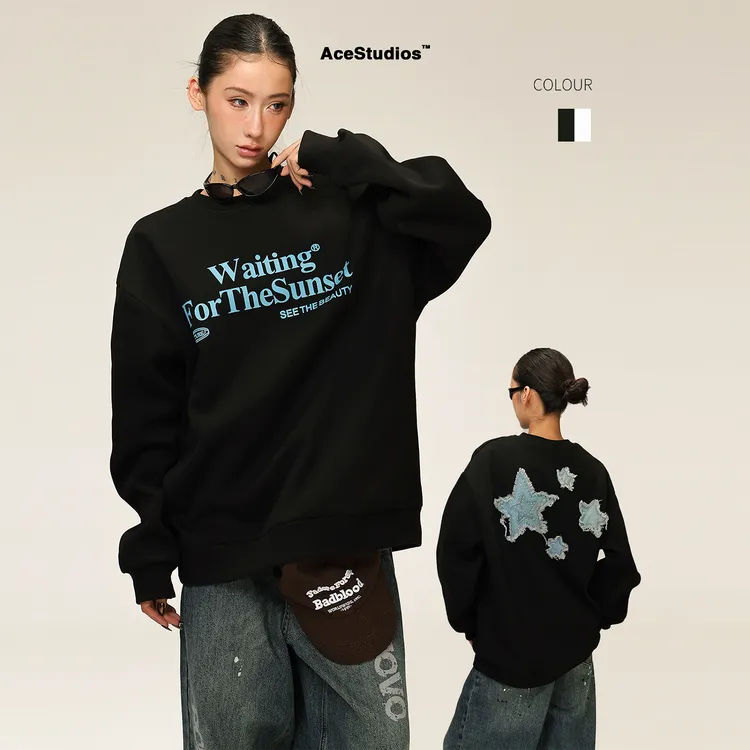 AceStudios星星贴布字母印花圆领卫衣女2025新款美式复古宽松上衣