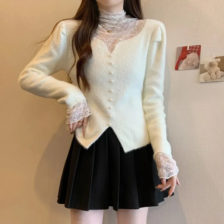 法式甜美风蕾丝拼接半高领长袖毛衣蕾丝衫女秋冬时尚中国风上衣