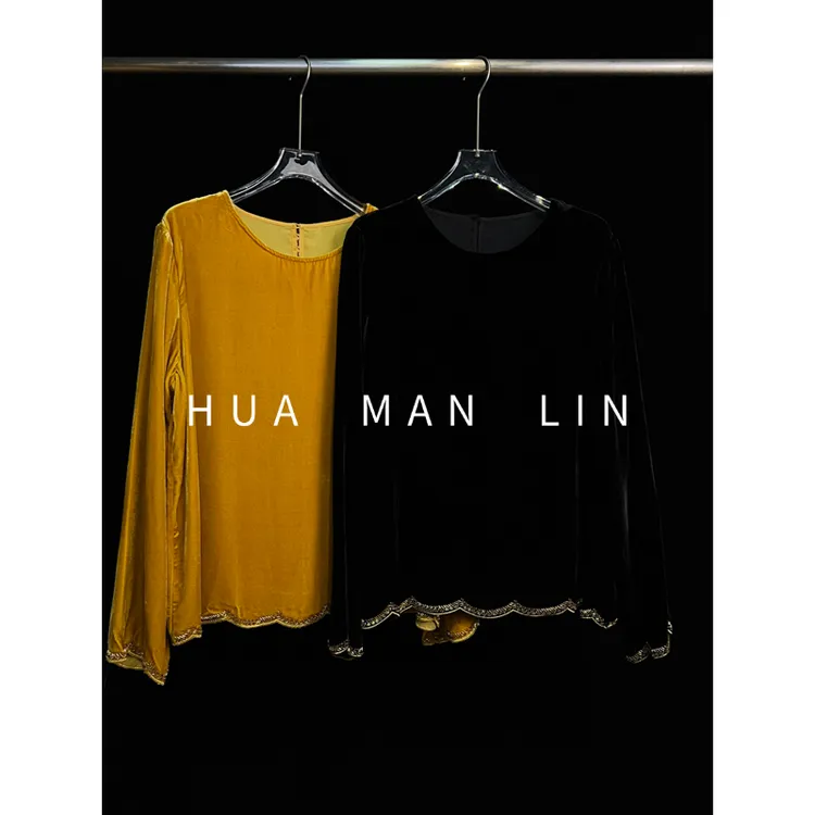 【花满林】两色圆领下摆钉珠边真丝桑蚕丝丝绒上衣16265