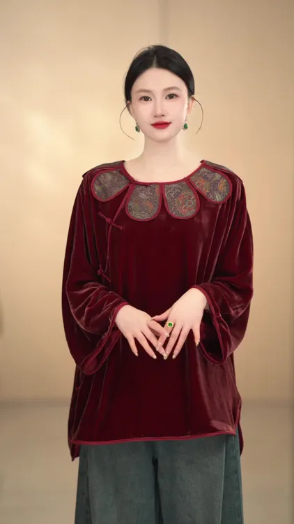 「酒窝」桑蚕丝中国风纯色复古衬衫秋冬时尚长袖圆领汉服宽松设计感