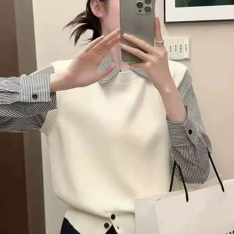 63新款假两件拼接条纹下摆开扣针织衫上衣女简约气质毛衣打底衫