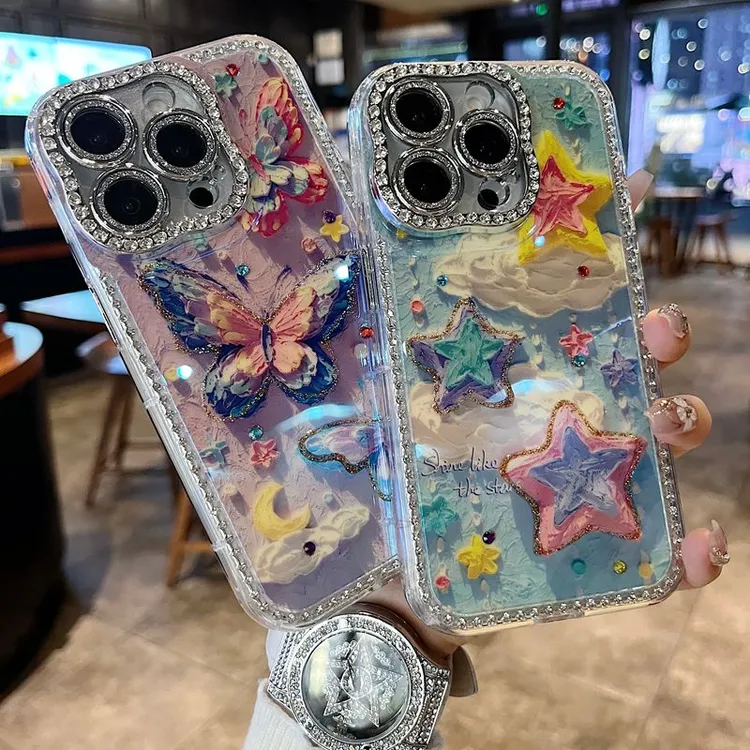 适用苹果系列iPhone16新款手机壳彩色云朵星星扭边钻框闪钻镜头膜