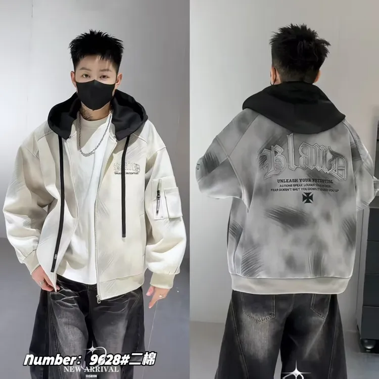 秋冬青少年男生可拆帽潮款鹿皮绒加棉休闲外套百搭男士夹克9628