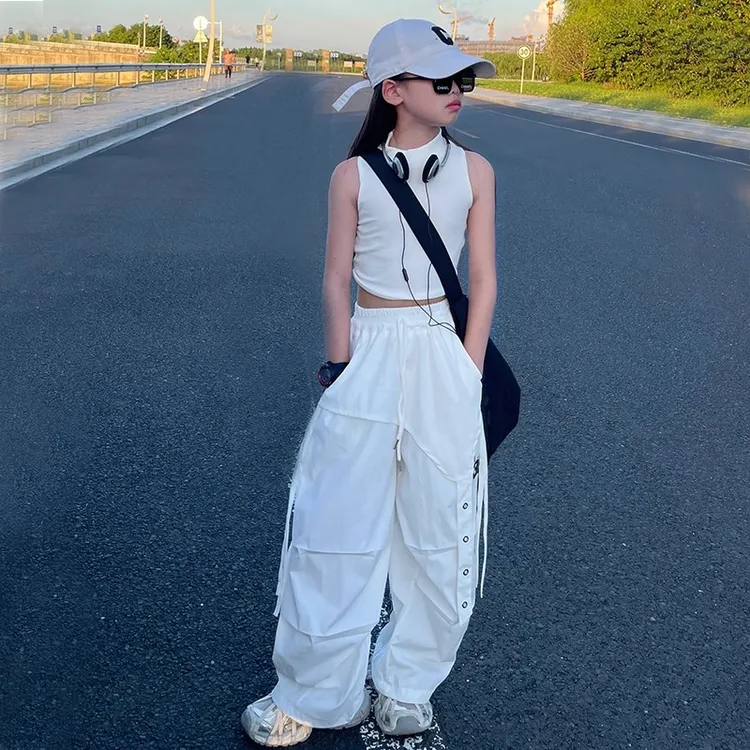 女童美式嘻哈速干阔腿裤2025夏季直筒屁帘工装运动裤降落伞冲锋裤