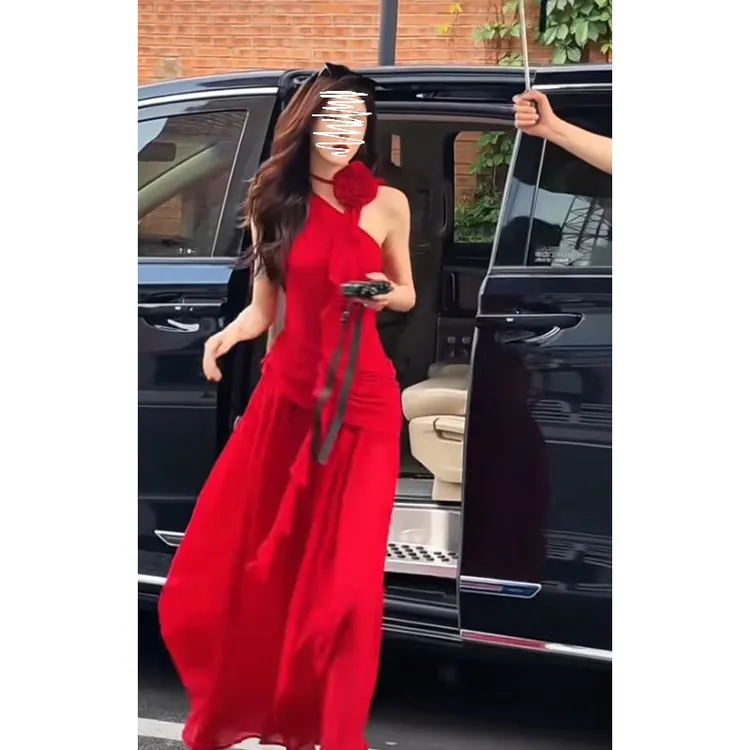 韩系新款夏季休闲百搭时尚洋气高级感红色上衣高腰修身半身裙套装