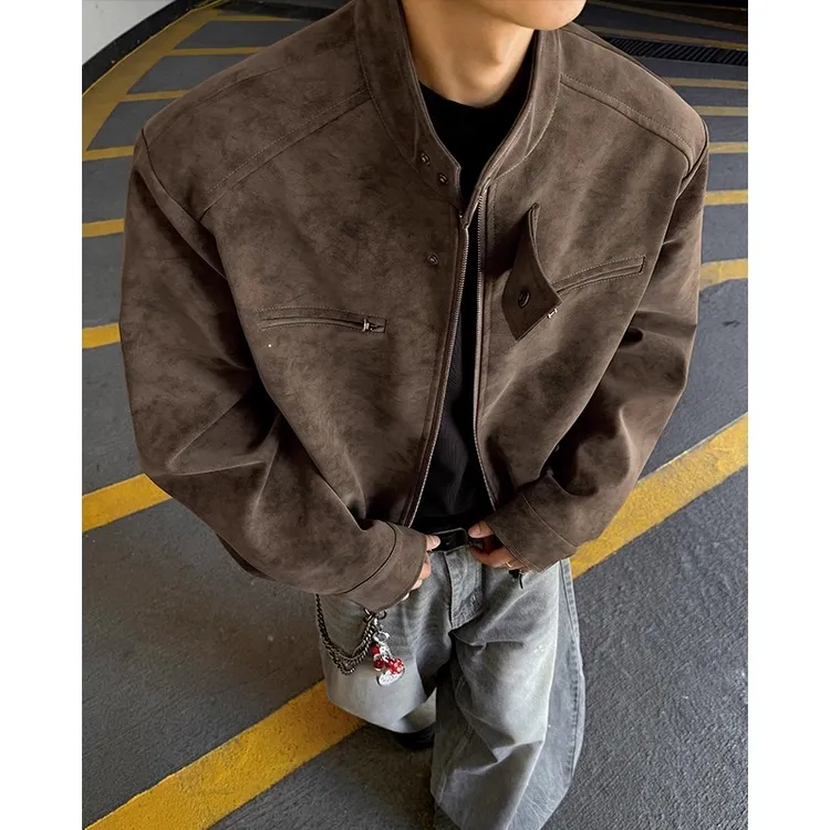 美式扎染正肩皮衣外套男款春秋季复古痞帅立领男装机车pu皮夹克男