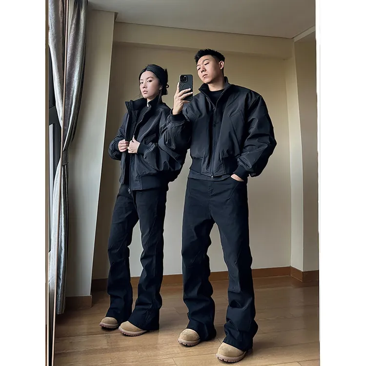 美式cleanfit弯刀牛仔裤男款秋冬加绒裤子高街vibe显瘦修身微喇裤