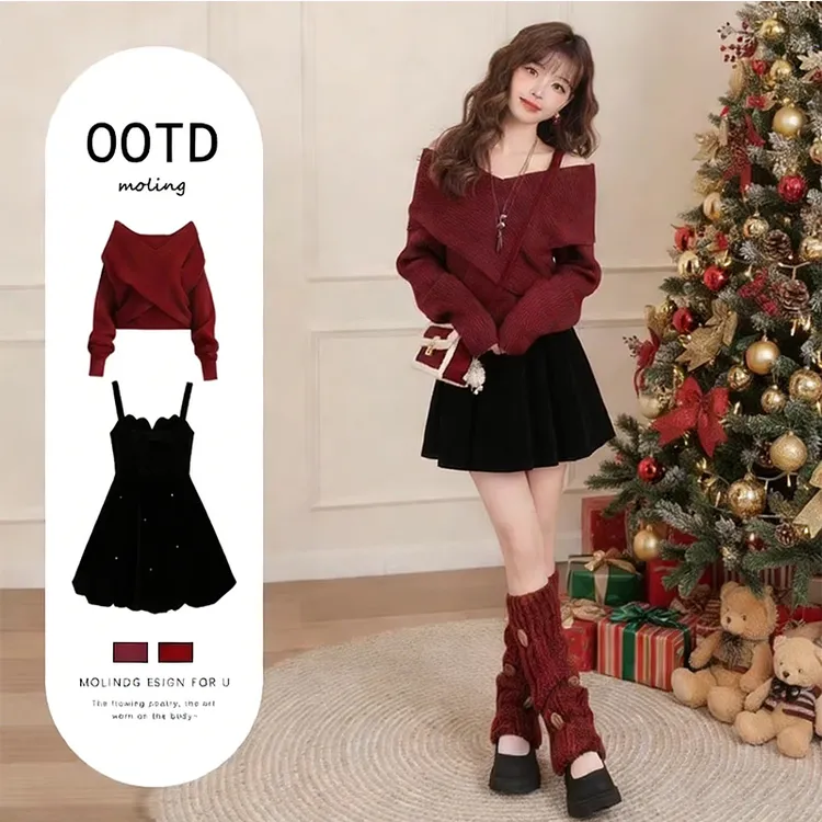 新年穿搭巨好看的冬装红色上衣连衣裙2026超火穿搭一整套新年战袍