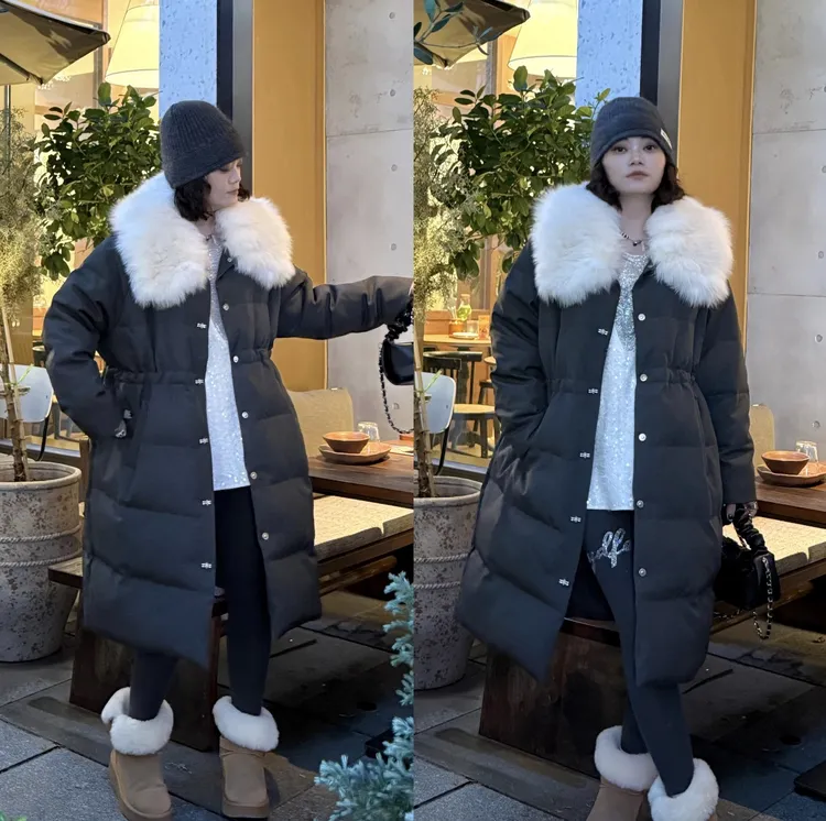 YDFSTUDIO小众【温度回响】欧货重工大毛领拼接设计长款羽绒外套