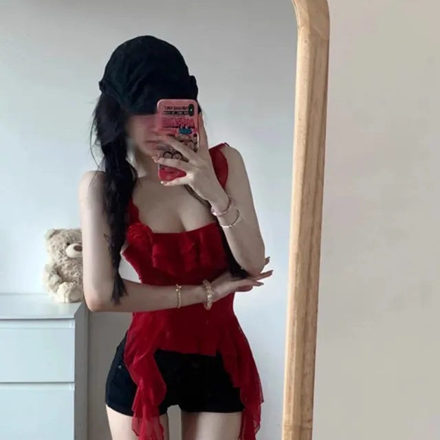 热辣玫瑰小众设计收腰修身短款纱网吊带背心外穿上衣女