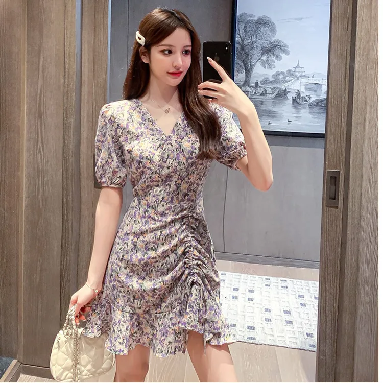雪纺多巴胺夏连衣裙裙子休闲夏装碎花小个子收腰法式收腰显瘦气质