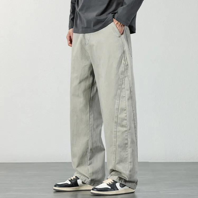 日系复古休闲裤男士2025年秋冬宽松直筒阔腿裤子纯棉水洗拼接长裤