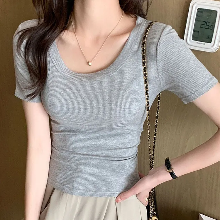螺纹短袖T恤女夏纯色修身圆领薄款内搭正肩打底衫上衣