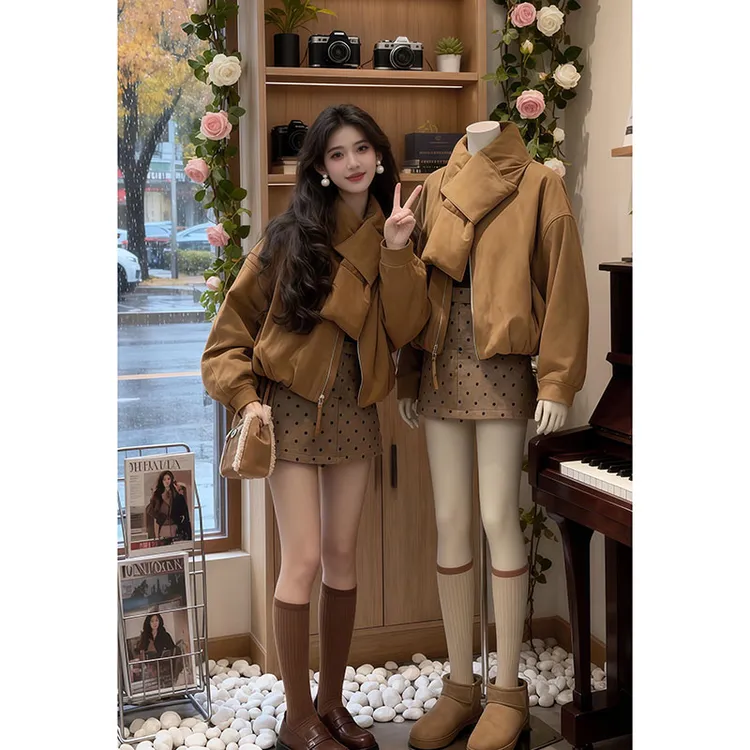 美式复古带围脖小个子短款拉链外套女2025秋季爆款宽松棉服棉袄