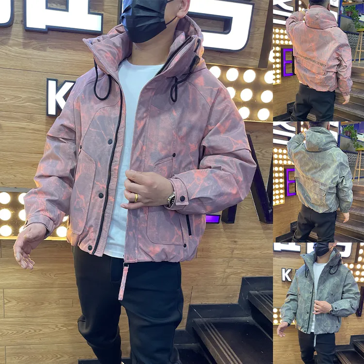 时尚潮牌彩色扎染羽绒服男冬季宽松保暖连帽上衣90白鸭绒工装外套