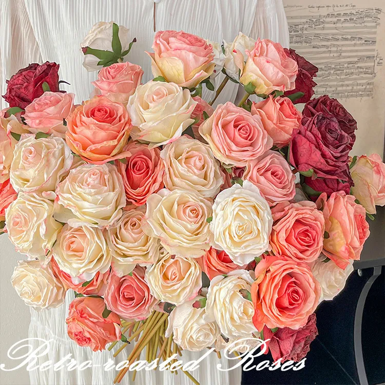 通用型高档42CM烤边玫瑰仿真花花束客厅假花装饰摆件新娘手捧花外