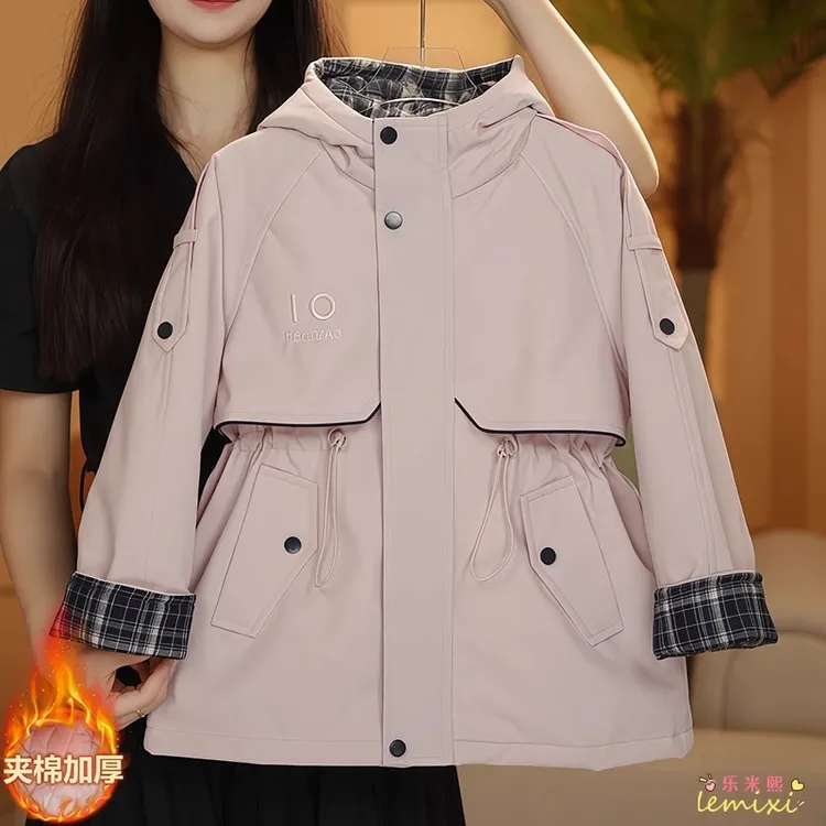 女童夹棉收腰冲锋衣2025新款秋冬款连帽格子拼接棉服二棉外套风衣