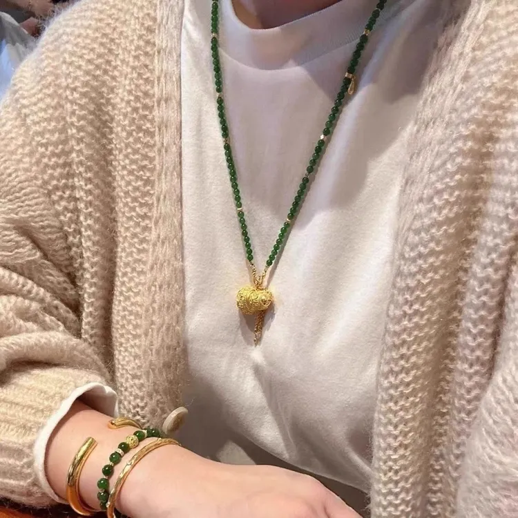 翠绿色圆珠万能项链女新中式毛衣链吊坠可拆卸挂链多用diy挂绳