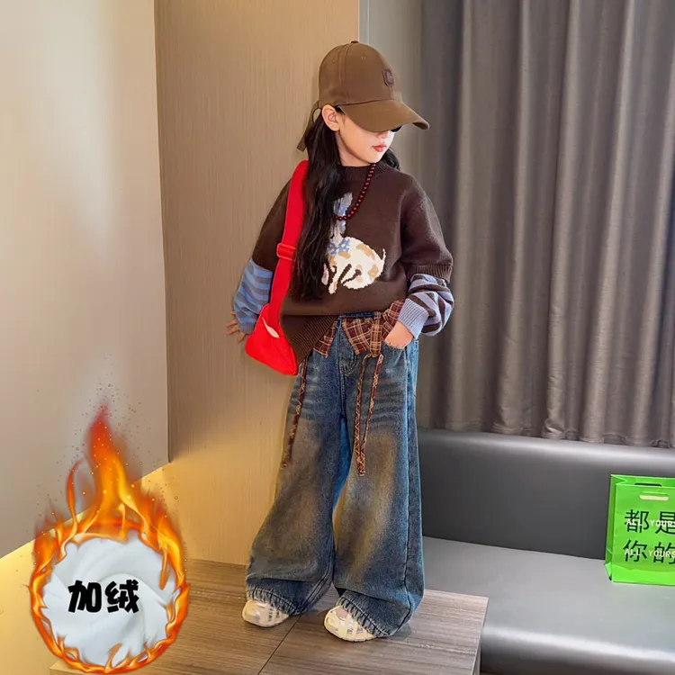 女童复古假两件毛衣2025新款条纹百搭针织衫大童宽松加绒牛仔裤潮