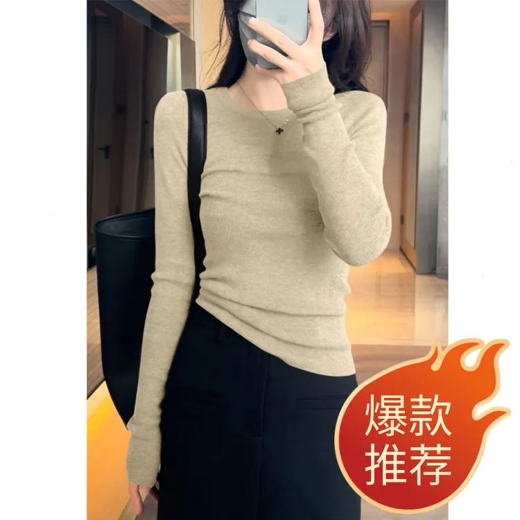 秋季时尚女装新款法式套头高级感圆领气质显瘦长袖针织打底衫上衣