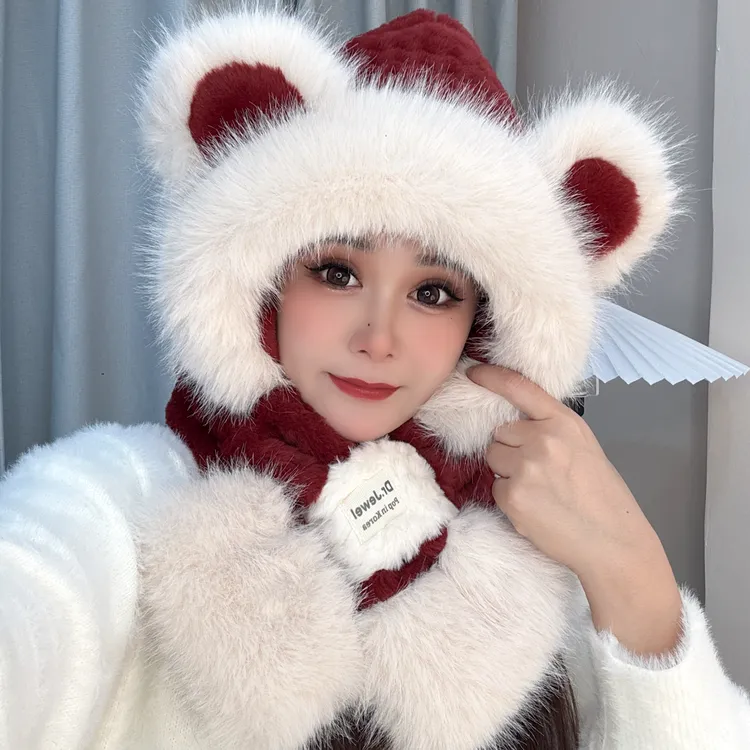帽子女款2025款网红款可爱小熊耳朵毛绒帽女秋冬帽子围脖一体保暖