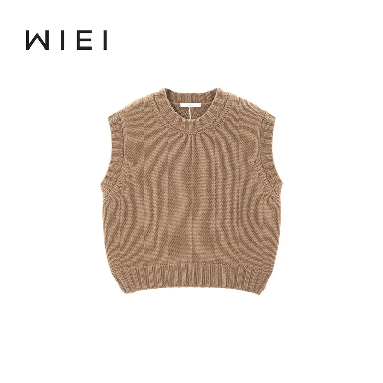 《WI EI》浓郁古调 粗针羊毛圆领叠穿撞色线小开叉马甲W25209176