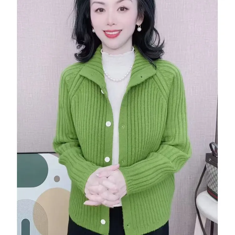 冬季女士新款绵羊毛插肩袖宽松显瘦高领纯色长袖针织开衫毛衣外套