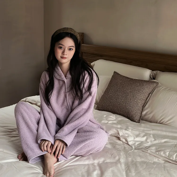 及好半边绒睡衣女秋冬款保暖加厚家居服冬季可外穿珊瑚绒开衫套装