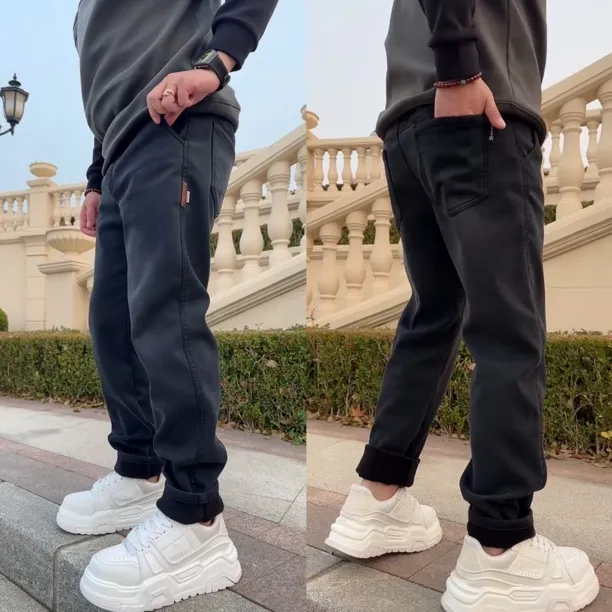 冬季新款加绒加厚防风保暖男士百搭纯色休闲简约显高显瘦牛仔裤