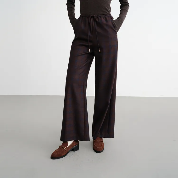 EP雅莹2025早秋新款女装 100%纯羊毛裤子宽松格纹阔腿裤6438A
