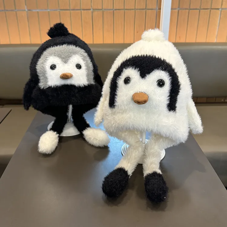 卡通小企鹅儿童帽子保暖圆顶加厚冬天帽子加绒秋冬季宝宝护耳帽