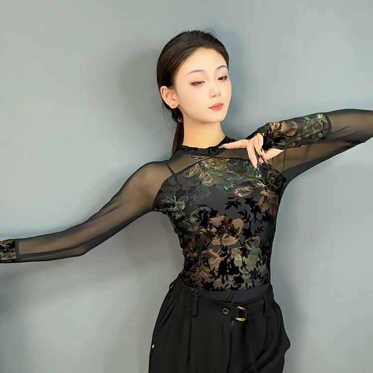 DZ新品国标拉丁舞服装女成人烧花绒网纱连体上衣摩登交谊舞练功服